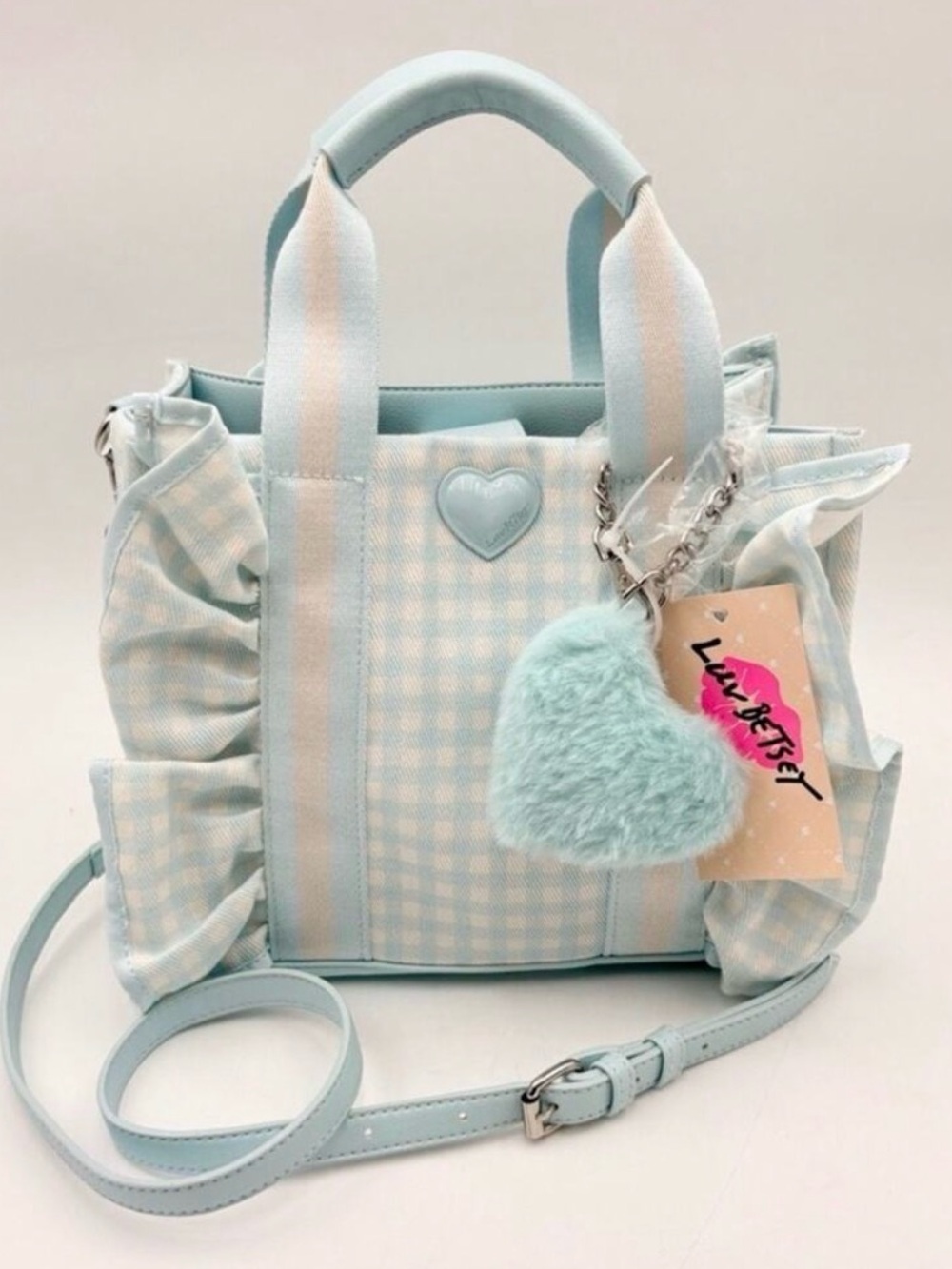 Betsey Johnson Pastel Blue & White Gingham Tote with Heart Charm - Picture 7 of 7
